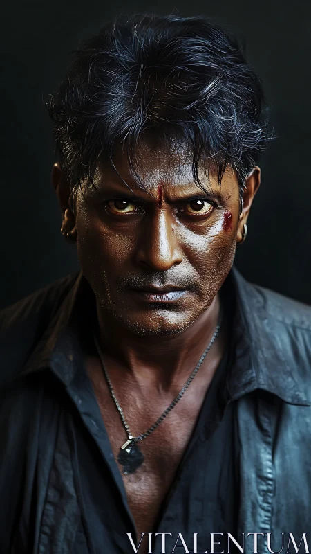 Scarred man stares forward with fierce, unyielding resolve