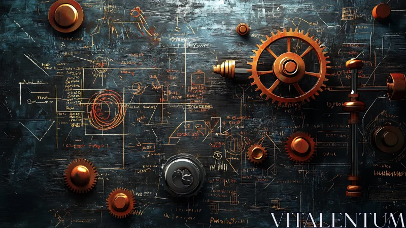 Copper mechanical gears overlay complex engineering schematics