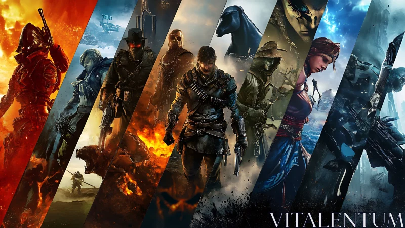 Segmented lineup of armored and armed game characters.