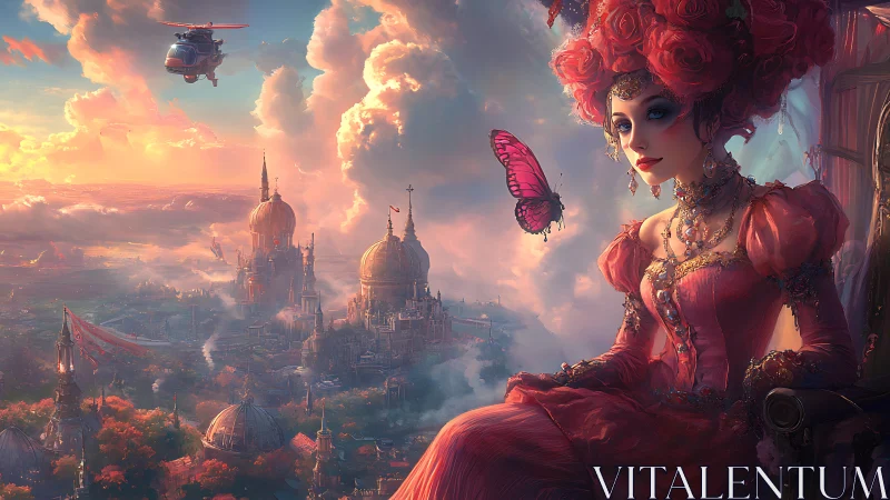 Baroque sky empress overlooking fantasy steampunk city.