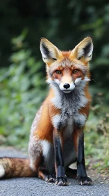 Red fox sits alert on forest path in soft natural light.