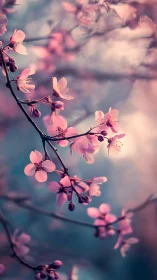 Pink Blossoms Dance Through Dreamy Blue Haze.
