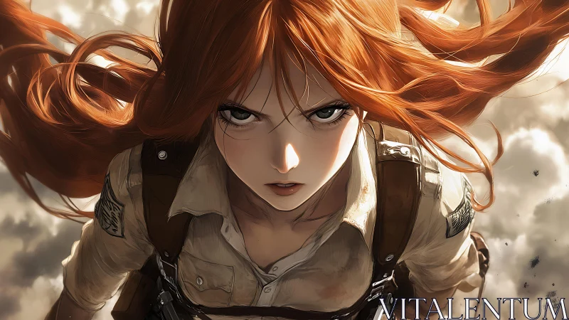 Red haired uniformed figure is depicted in dynamic aerial view