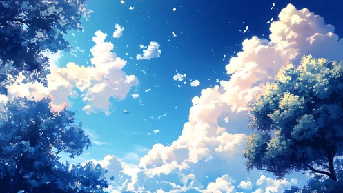 Expansive summer sky glows above lush trees and drifting clouds.