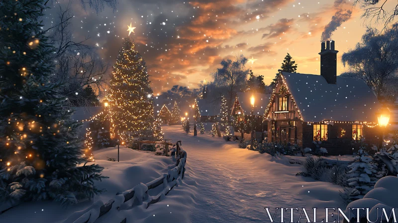 Snow-covered village street with illuminated trees at dusk.