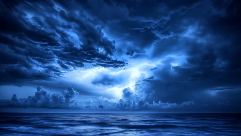 Electric blue storm clouds churn above a darkened sea.