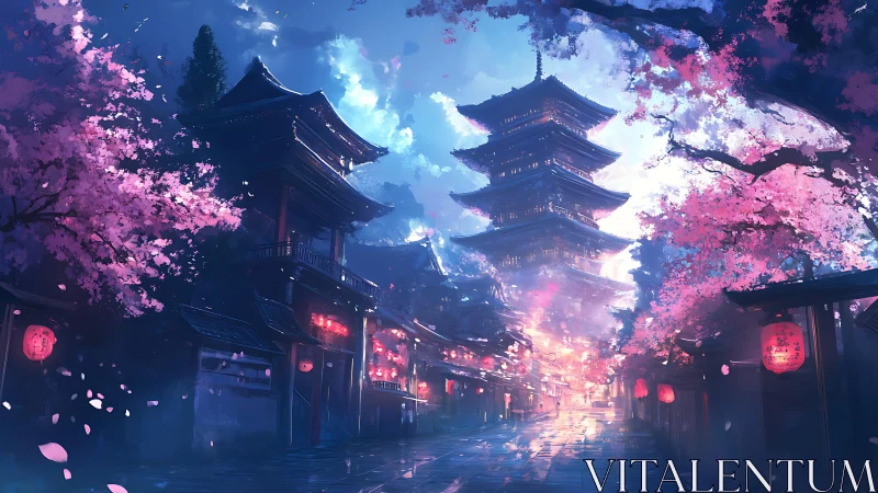Digital painting of lantern-lit pagoda street with sakura glow.
