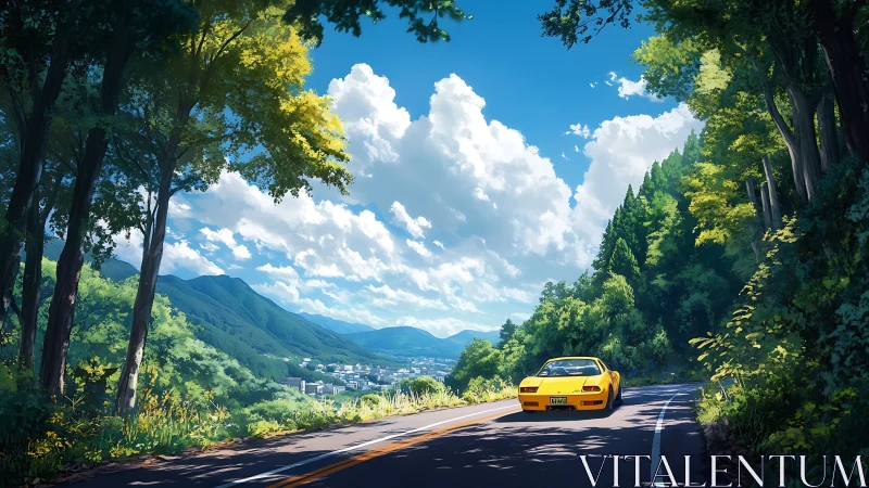 Yellow sports car on sunny mountain road above valley.