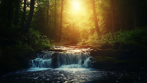 Sunlit Cascade Through Dense Forest Canopy Creates Luminous Waterfall Scene