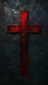 Cracked red cross glows over dark, weathered stone backdrop.