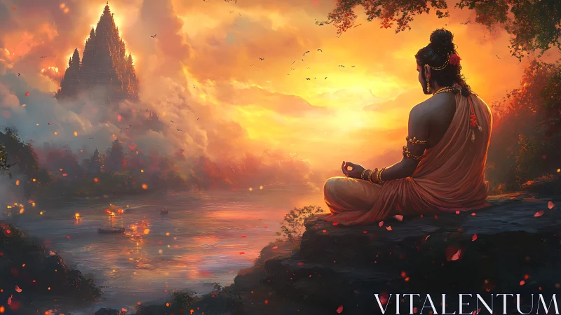 Sunset sage in lotus trance beside mist-wreathed river temple.