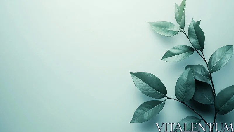 Green leaf branch rests on soft pastel blue background