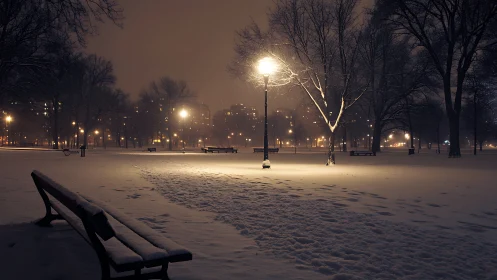 Nocturnal winter park under sodium-vapor illumination grid.