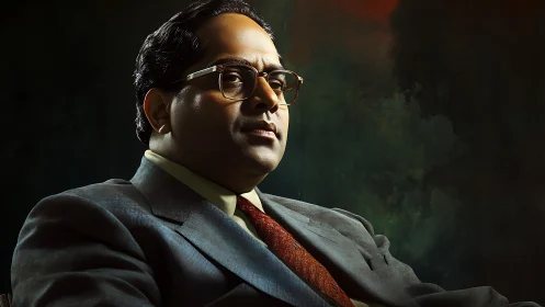 Portrait depicts suited man with glasses against dark backdrop.