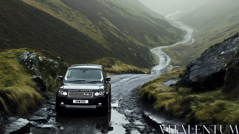Luxury off‑road SUV cutting through misty moorland trail.