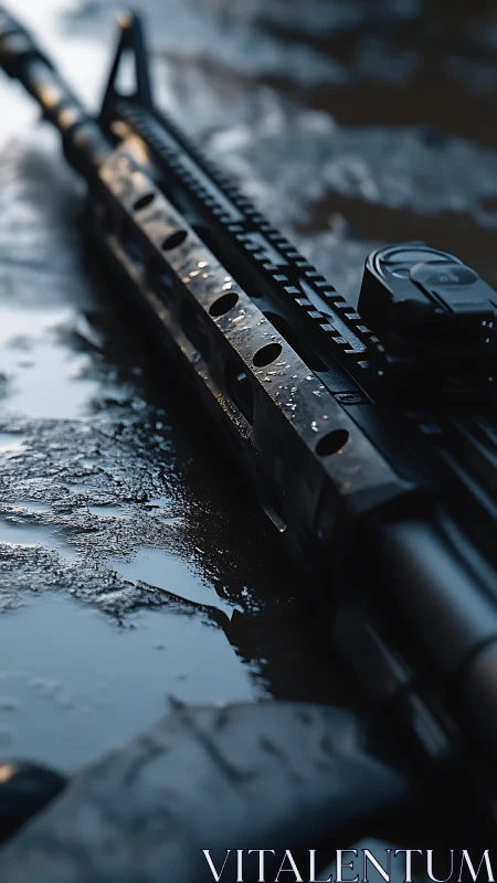 Tactical AR-15 Rifle with Precision Optics on Wet Surface.