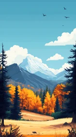 Snowcapped mountain overlooks bright autumn forest valley