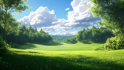 High-dynamic-range golf fairway under volumetric cloud lighting