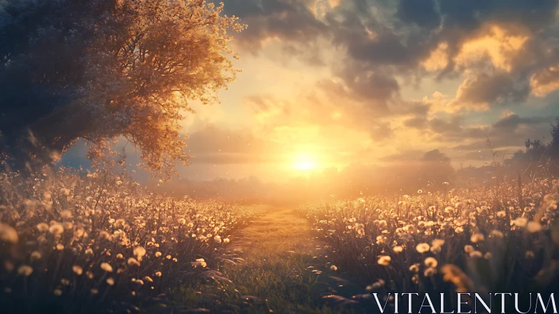 Volumetric sunset illumination across dandelion field corridor.