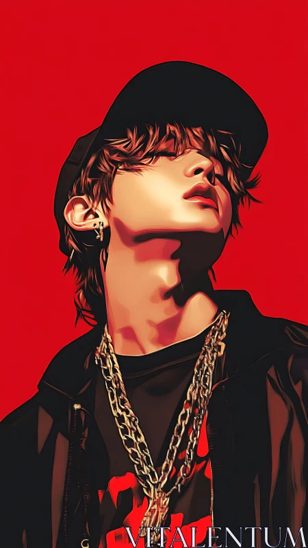 Digital painting portrait with bold red background and chains.