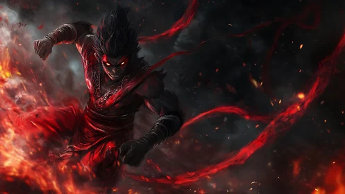 Demonic warrior charges through flames in dynamic red motion