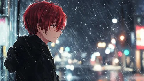 Red-haired youth in profile studies urban rain with bokeh lights