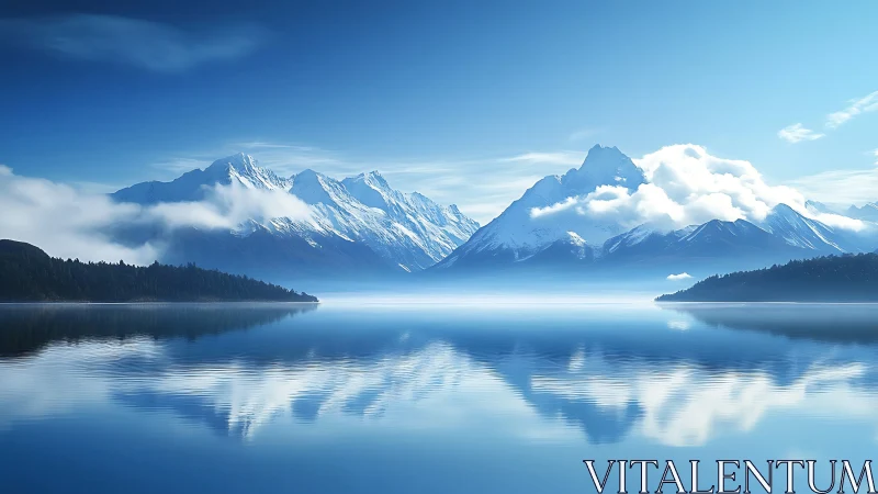 Snow-capped mountains mirror on tranquil blue alpine lake.