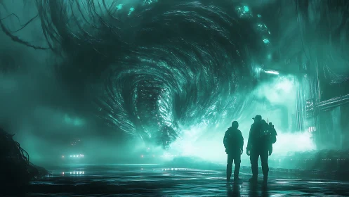 Neon storm maw over two wanderers in drowned megacity streets.