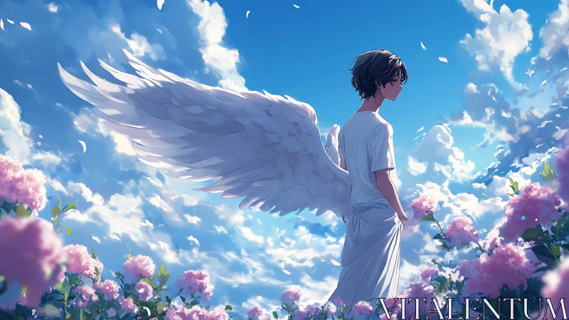 Winged figure standing in flower field under clouded sky.