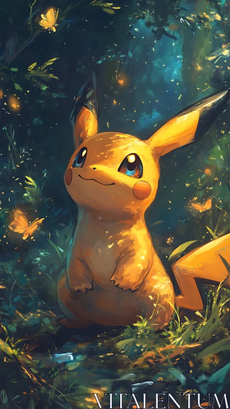 Electric creature in luminous forest with drifting fireflies.