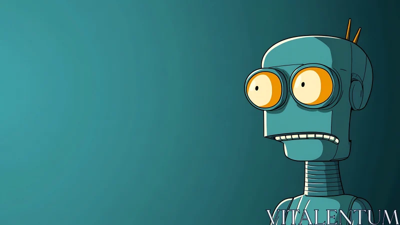 Cartoon teal service robot with shocked expression on teal field