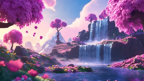 Digital painting of sakura waterfalls in luminous valleyscape.