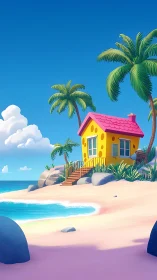 Stylized Beach House with Palm Trees and Ocean View