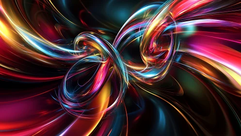 Infinity ribbons collide in neon-tinted cosmic motion.