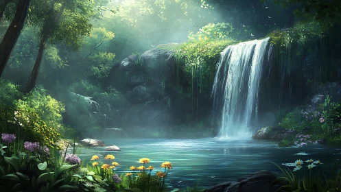 Peaceful forest waterfall and sunlit wildflower pool.