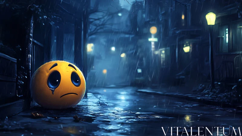 Sad emoji glows alone in rainy neon lit midnight alleyway.