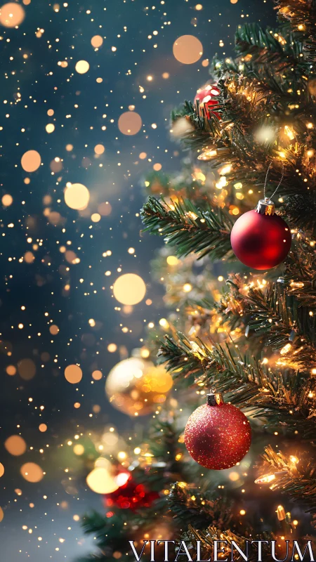 Close view of decorated Christmas tree with ornaments.