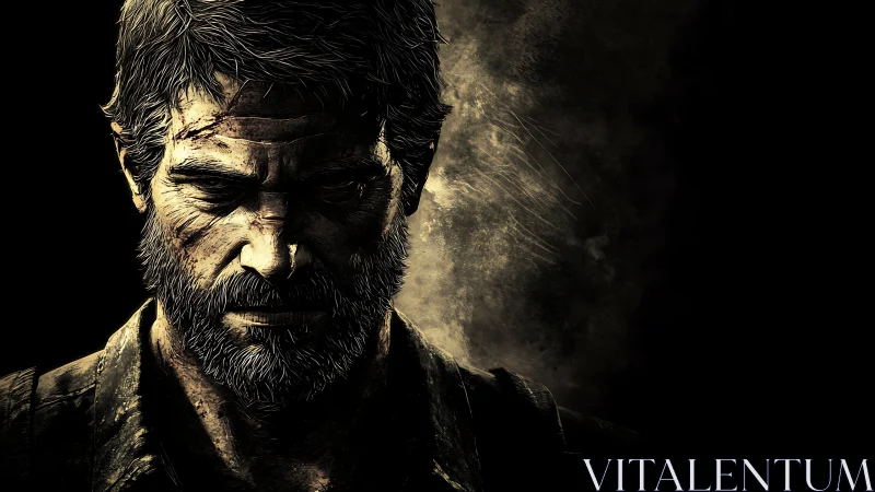 Bearded male character in shadowed digital portrait study.