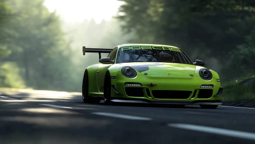 Lime green Porsche race car on shaded forest road.