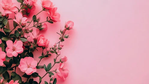Pink roses arranged on monochromatic background with botanical detail.