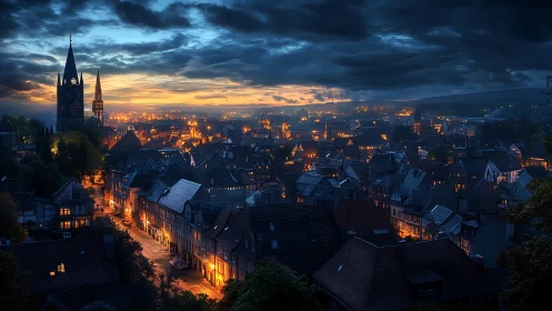 Old European town under evening sky with warm lights.