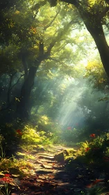 Sunlit forest path through dense canopy with light rays