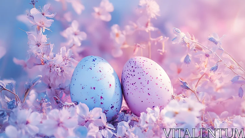 Soft pastel eggs nestled in dreamy spring blossoms.