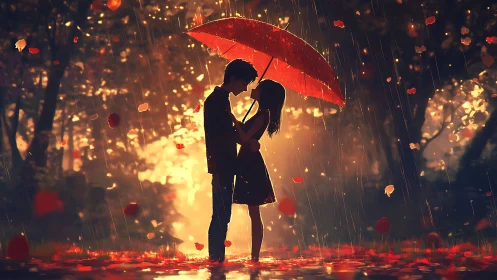 Silhouetted couple kissing beneath red umbrella in rain