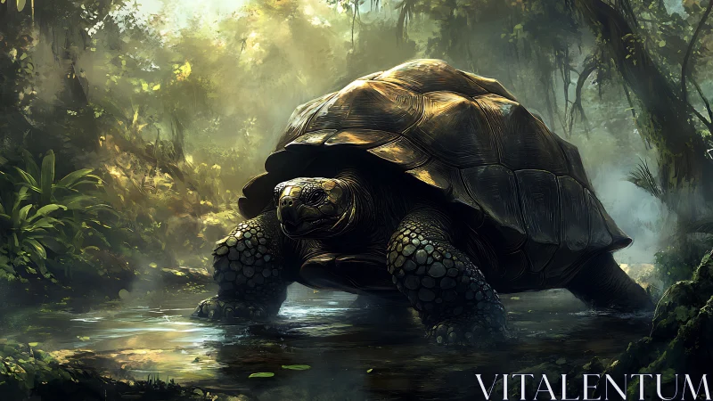 Giant tortoise standing in shallow forest stream environment.