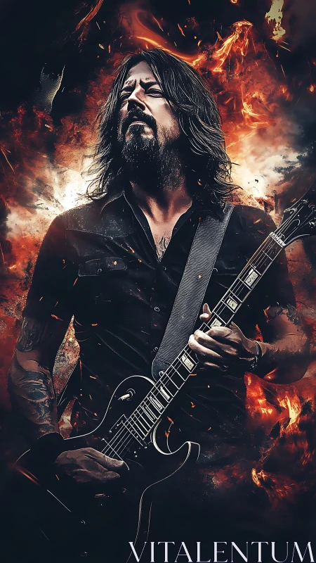 Blazing guitar saint crowned in stormy shards of fire.