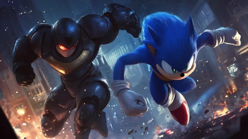 Dynamic chase scene in neon-lit city, digital painting style.