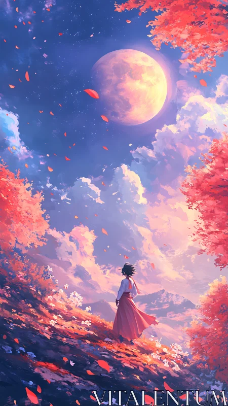 Figure stands on sloped field under enlarged full moon