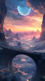 Vast alien bridge spanning misty valley under twin sky.