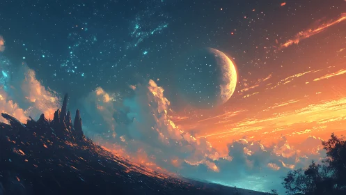 Alien landscape shows crescent planet over glowing clouds